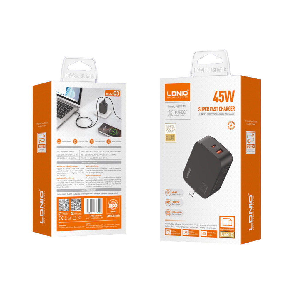 Cargador de 45W Carga Súper Rápida Ldnio Q3 Incluye Cable Tipo C a C