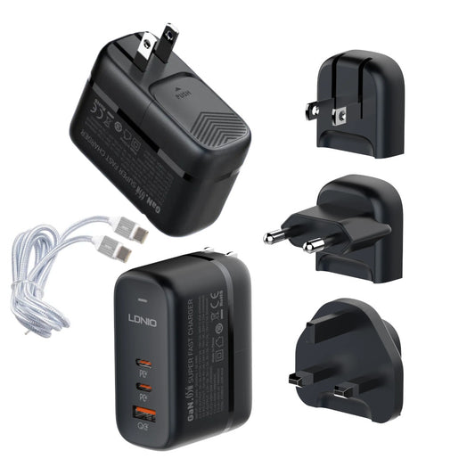 Cargador de 65W Carga Ultra Rápida Ldnio Q366 Incluye Cable tipo C y Plugs UK, EU y US