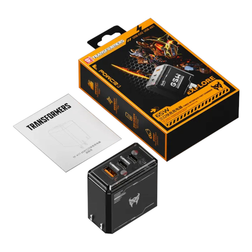 Cargador Transformers TF-K11 de 65W Carga Rápida 2 USB-C y 1 USB-A Negro