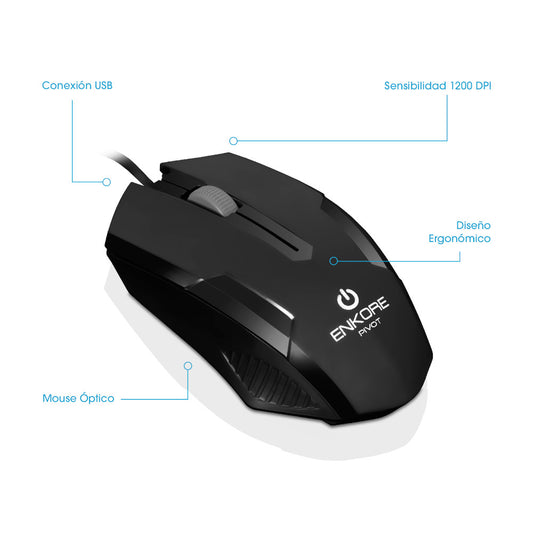 Mouse Óptico Alámbrico 1200 DPI Enkore Pivot EKM 105 Negro