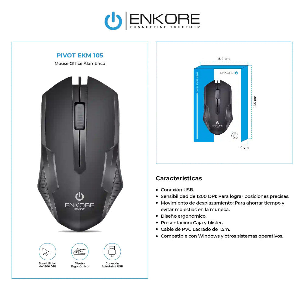Mouse Óptico Alámbrico 1200 DPI Enkore Pivot EKM 105 Negro