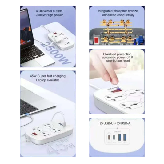 Supresor De Picos Extensión SC4407C LDNIO 4 Tomas Universales 2USB-A y 2USB-C