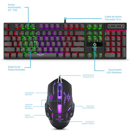 Pack Teclado, Audífonos, Parlantes, Mouse y Pad Gamer Enkore Brain 5 ENT-G1005-5