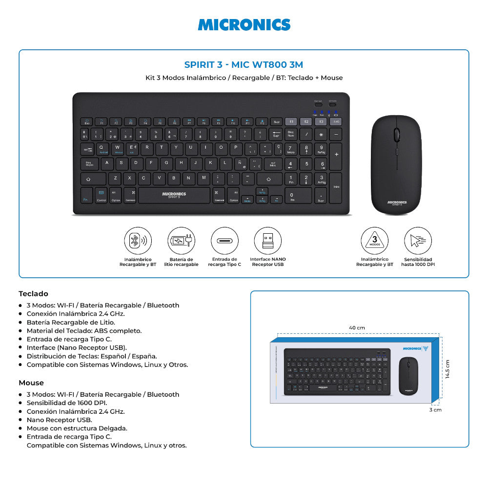 Teclado y Mouse Inalámbricos Micronics WT800-3M Recargable BT Wireless 2.4 G