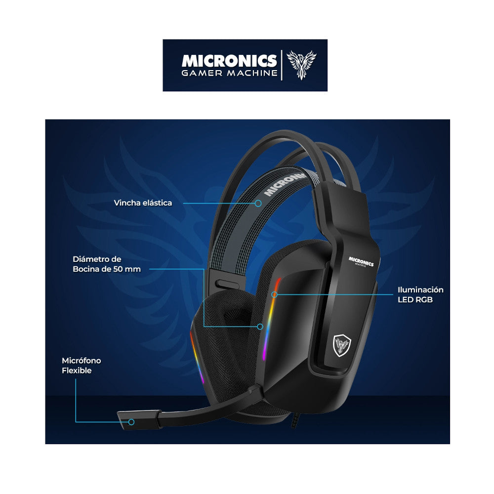 Audífonos Gamer Micronics Matrix MIC-HG808 Auriculares Alámbricos RGB con Micrófono USB