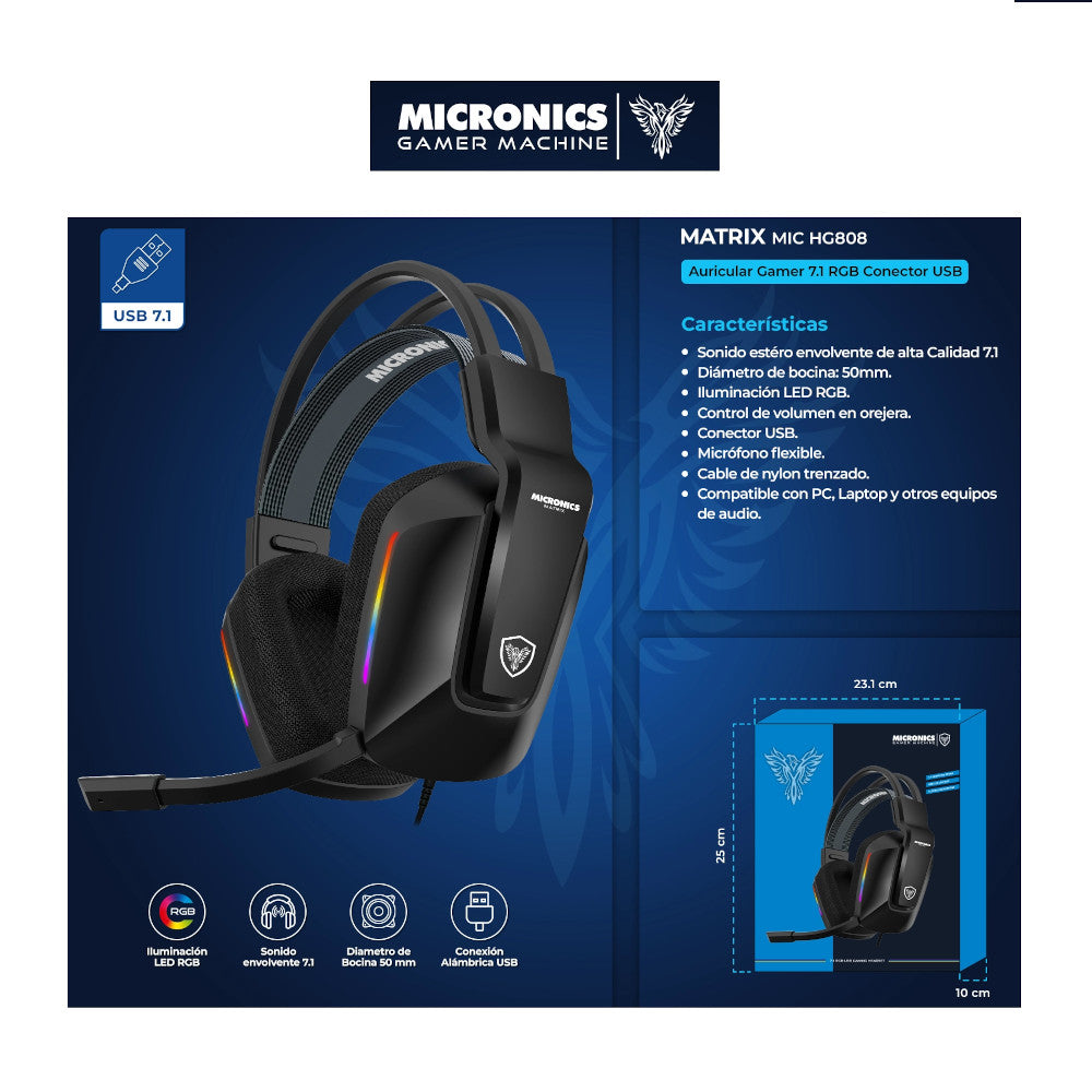 Audífonos Gamer Micronics Matrix MIC-HG808 Auriculares Alámbricos RGB con Micrófono USB