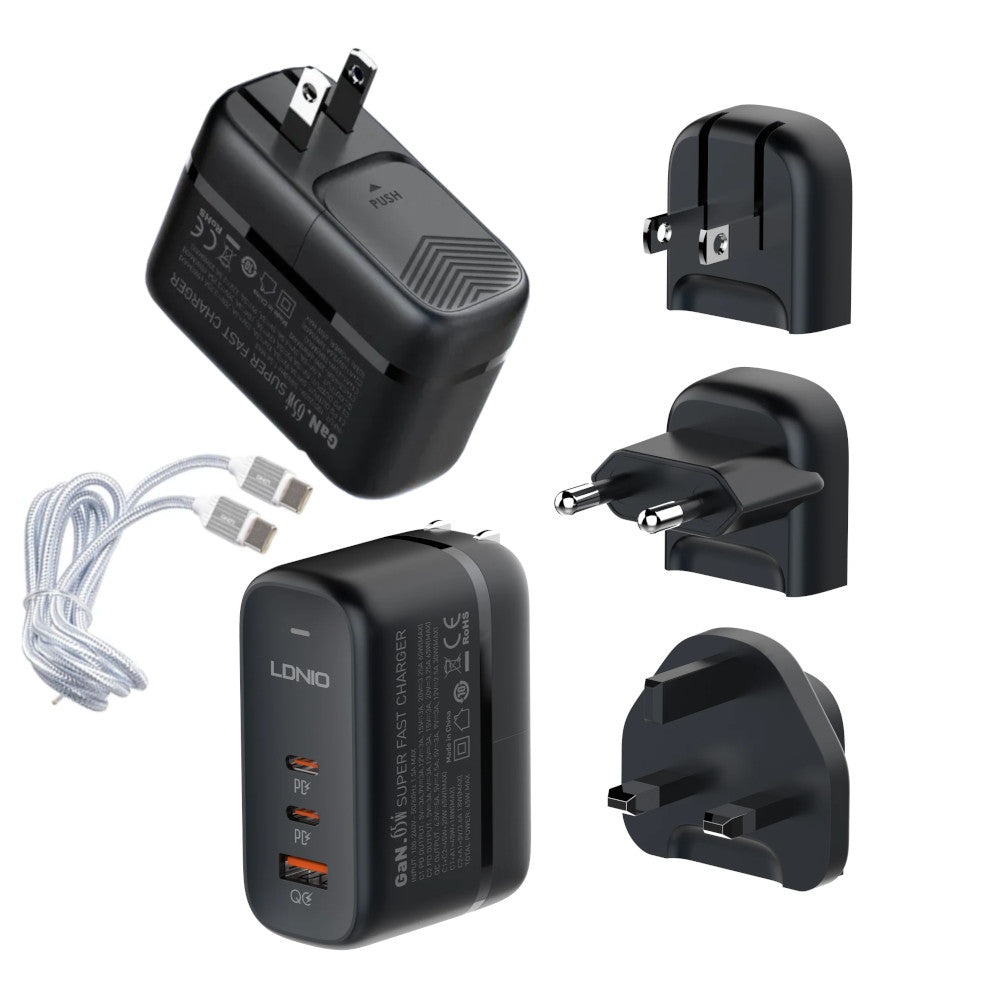 Cargador de 65W Carga Ultra Rápida Ldnio Q366 Incluye Cable tipo C y Plugs UK, EU y US