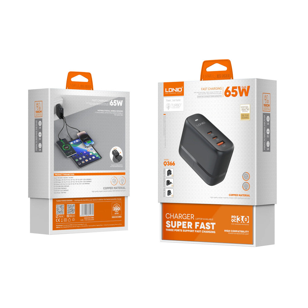 Cargador de 65W Carga Ultra Rápida Ldnio Q366 Incluye Cable tipo C y Plugs UK, EU y US
