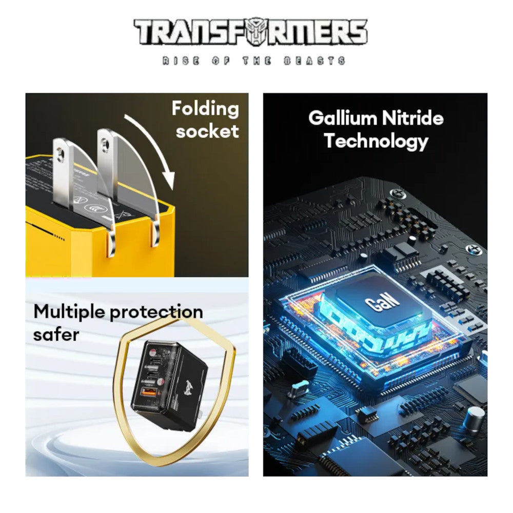 Cargador Transformers TF-K11 de 65W Carga Rápida 2 USB-C y 1 USB-A Negro