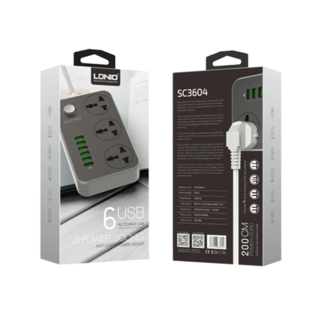 Extensión SC3604 LDNIO 3 Tomas Universales 6 USB 3.4 A (Auto MAX) 17W