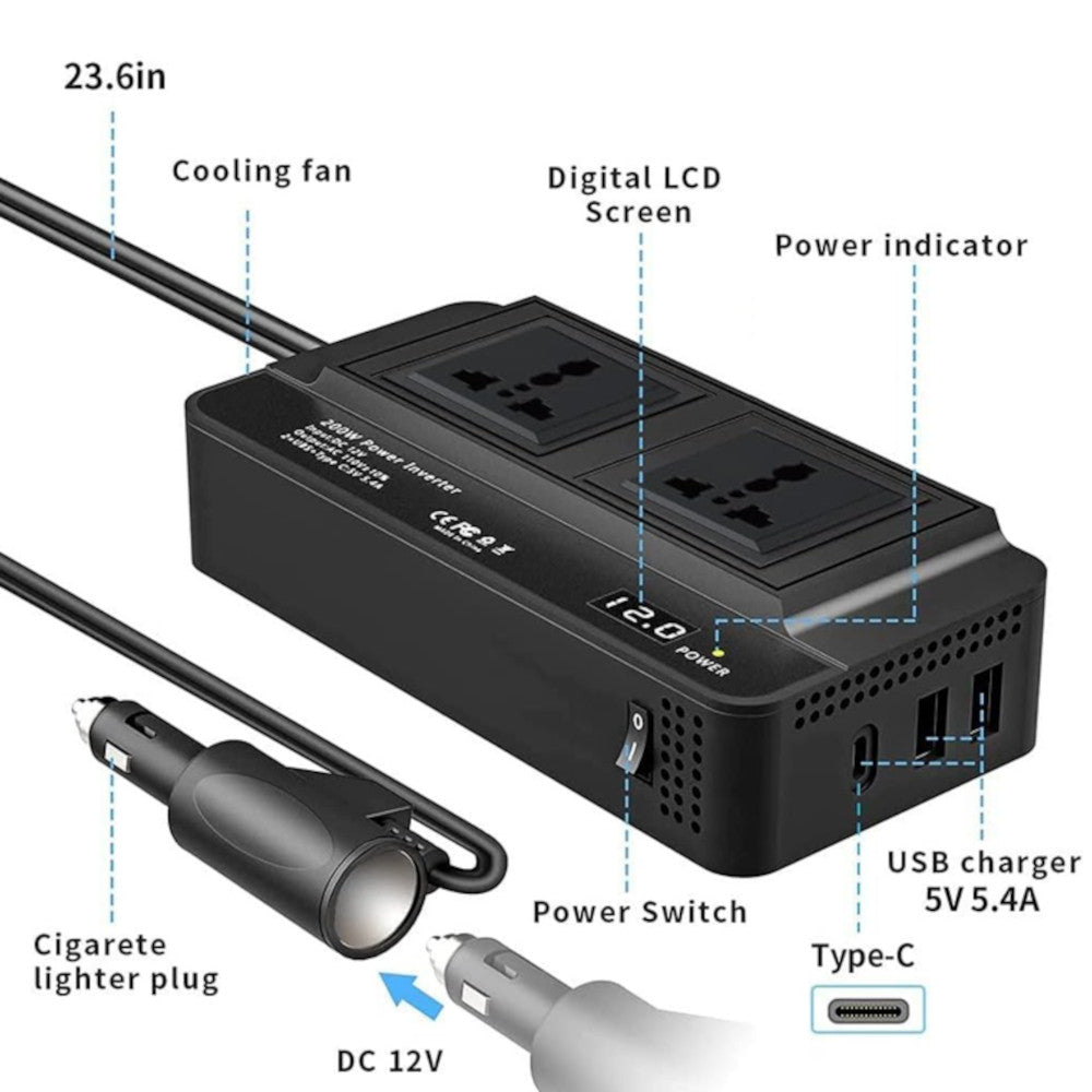 Inversor para Automóvil XO-CZ011 de 200w con Salidas tipo C y USB