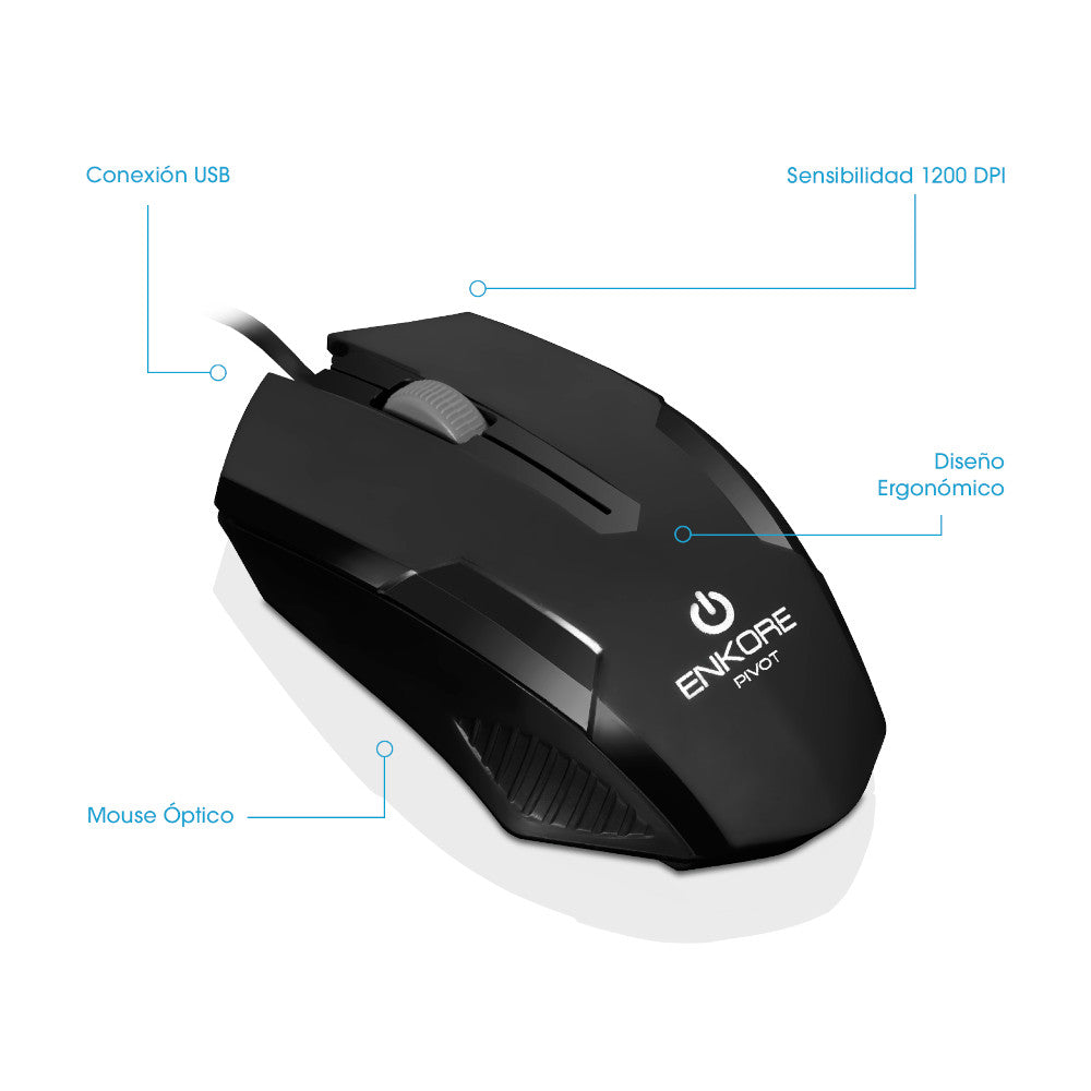 Mouse Óptico Alámbrico 1200 DPI Enkore Pivot EKM 105 Negro