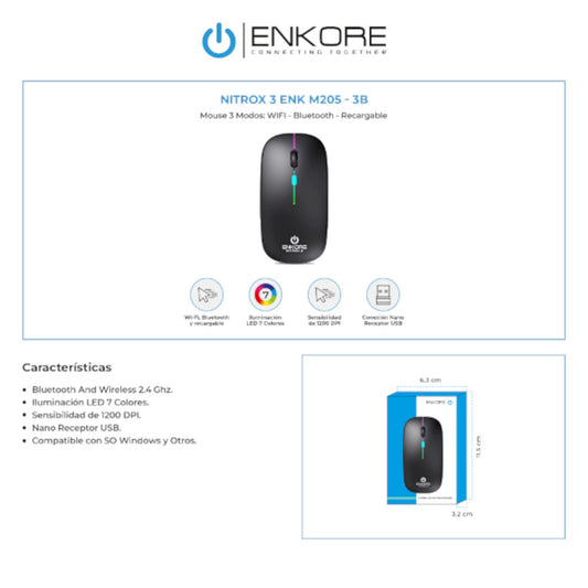 Mouse Inalámbrico WIFI- Bluetooth-Recargable Enkore Nitrox 3 ENK-M205-3B Negro