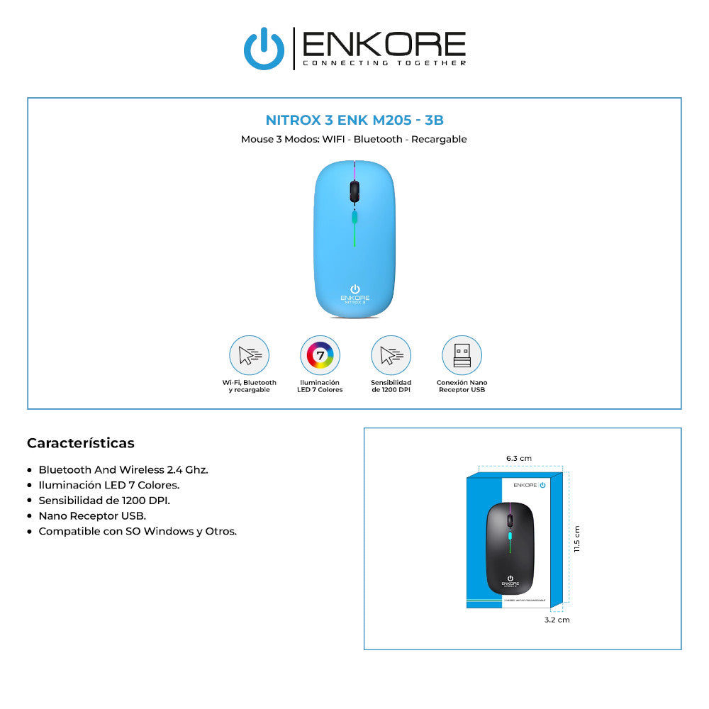 Mouse Inalámbrico WIFI- Bluetooth-Recargable Enkore Nitrox 3 ENK-M205-3B Turqueza