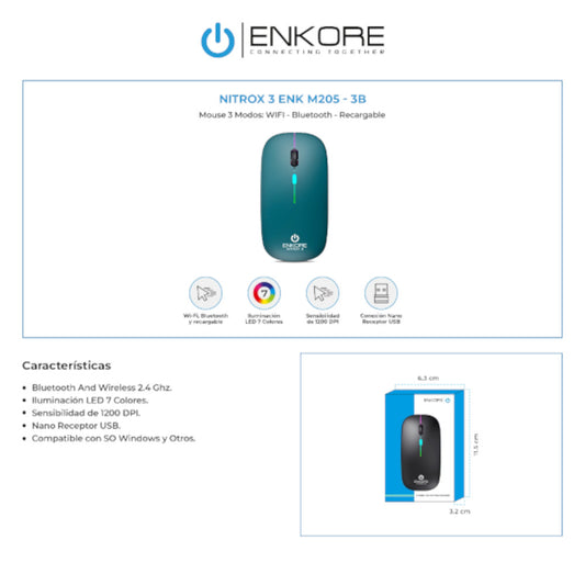 Mouse Inalámbrico WIFI- Bluetooth-Recargable Enkore Nitrox 3 ENK-M205-3B Verde