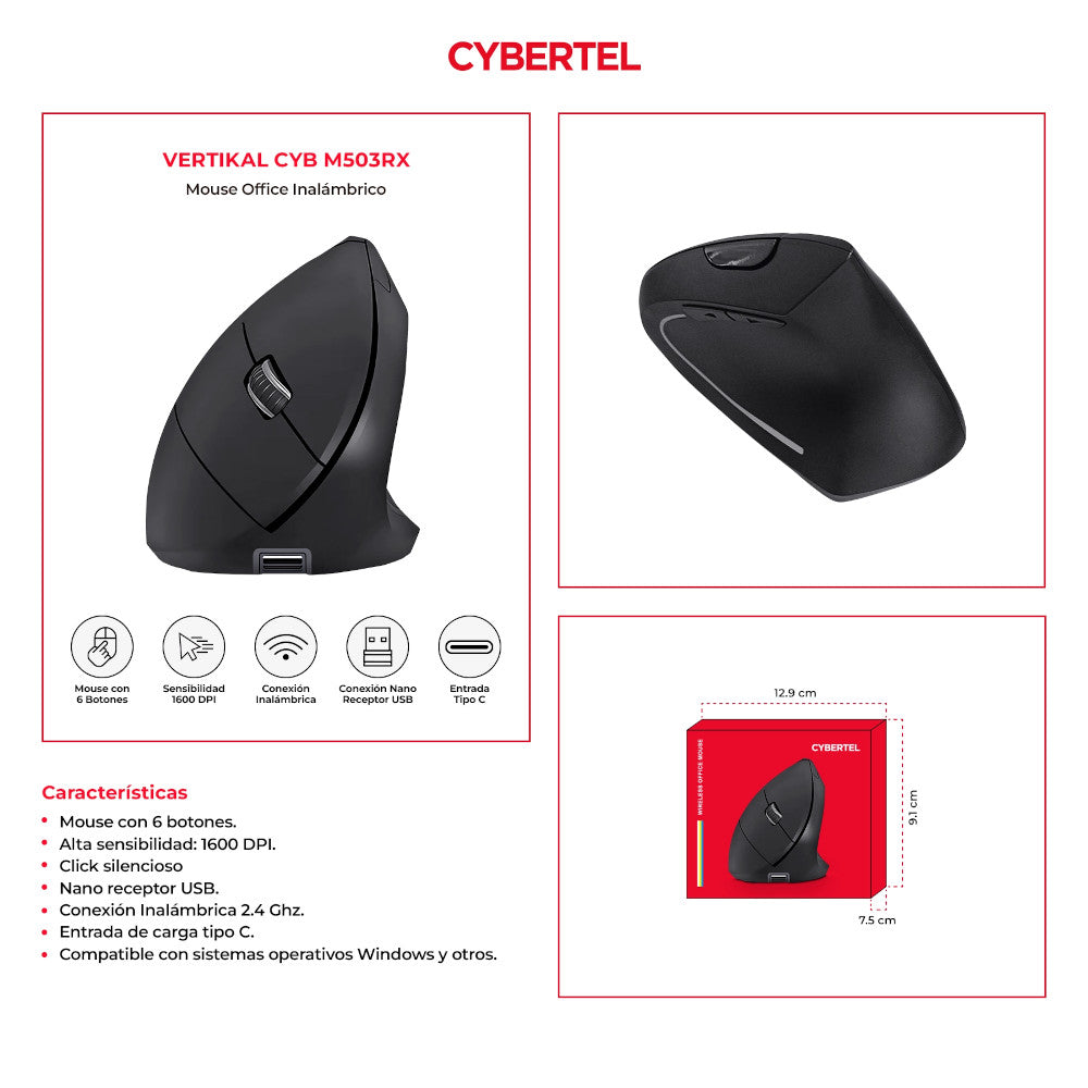 Mouse Vertical Inalámbrico Ergonómico Cybertel CYB M503 RX Recargable con Luz LED