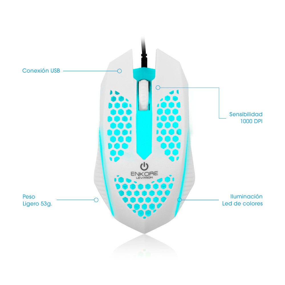 Mouse Gamer Alámbrico Enkore Levitron 107 Blanco Ilumincación LED