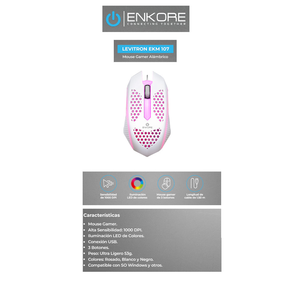 Mouse Gamer Alámbrico Enkore Levitron 107 Blanco Ilumincación LED