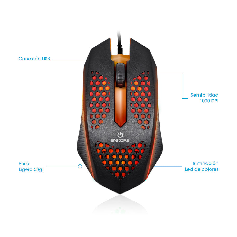 Mouse Gamer Alámbrico Enkore Levitron 107 Negro Ilumincación LED
