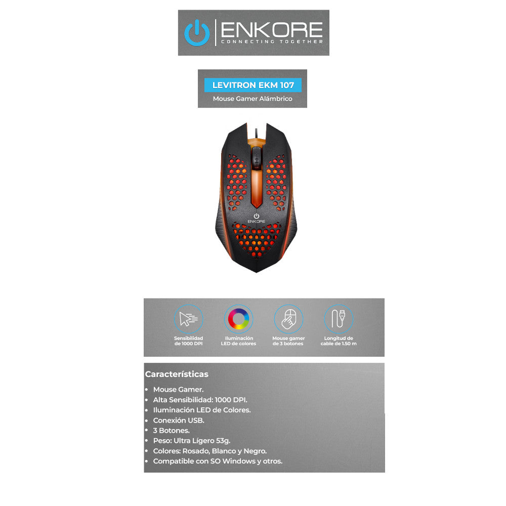 Mouse Gamer Alámbrico Enkore Levitron 107 Negro Ilumincación LED
