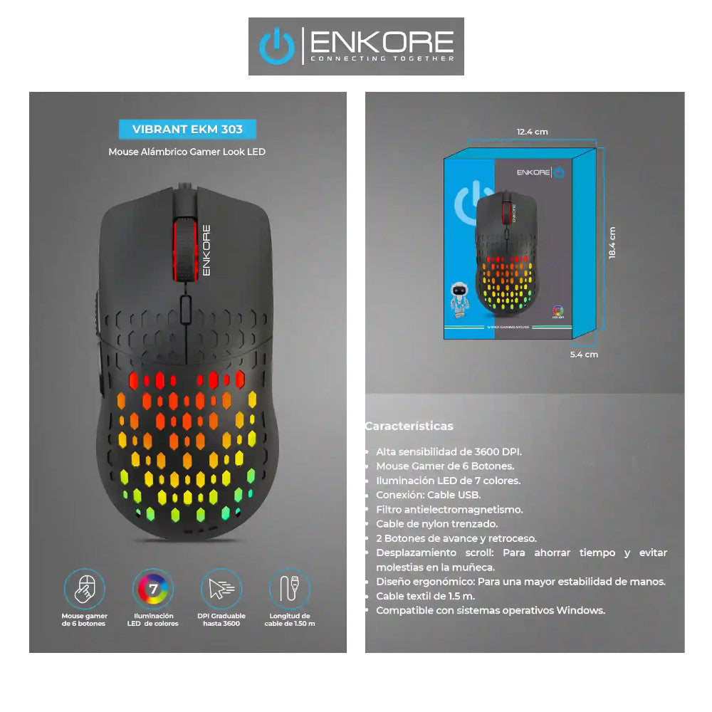 Mouse Gamer Alámbrico Enkore Vibrant EKM303 Negro 7 LEDS