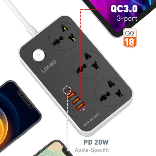 Supresor De Picos Extensión SC3412 LDNIO 3 Tomas Universales 3 USB-A y 1 USB-C