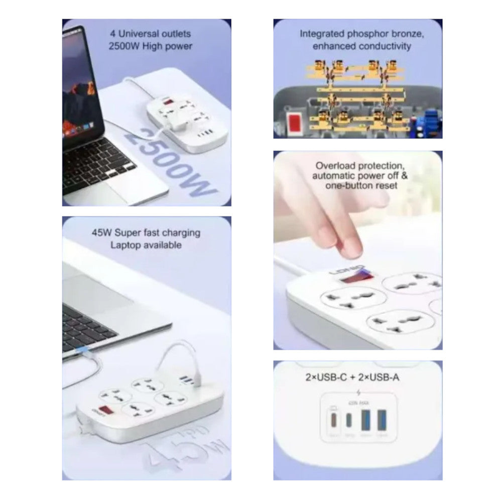 Supresor De Picos Extensión SC4407C LDNIO 4 Tomas Universales 2USB-A y 2USB-C