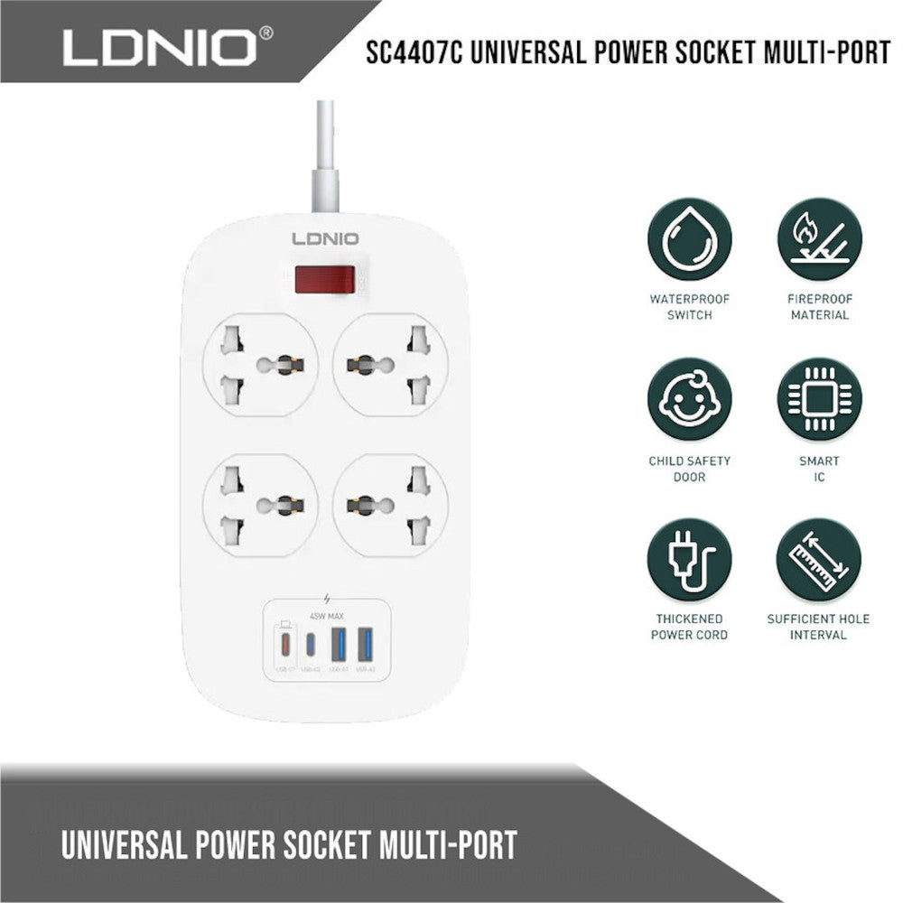 Supresor De Picos Extensión SC4407C LDNIO 4 Tomas Universales 2USB-A y 2USB-C